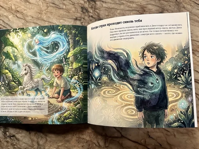 Разворот напечатанной книги Димы с&nbsp;единорогом